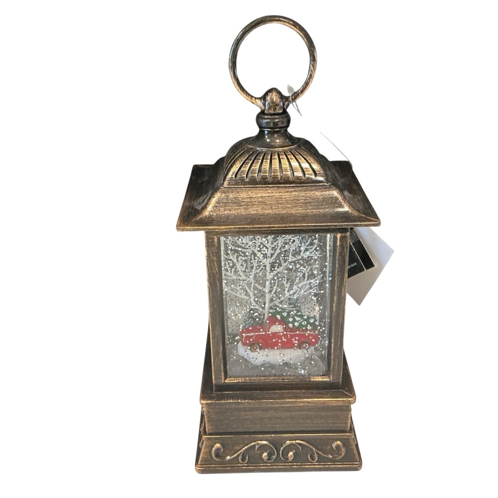 Bronze Lantern with Red Truck and tree Scene 10” tall
